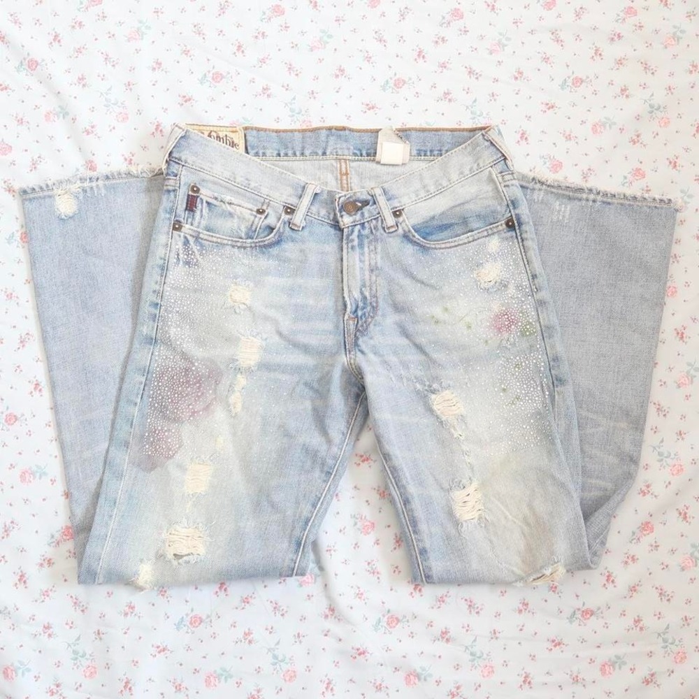 abercrombie distressed jeans y2k rhinestone low rise jeans mcbling indie sleaze